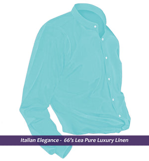 Munich- Turquoise Green Linen- Mandarin Collar- 66's Lea Pure Luxury Linen-Delivery from 22nd May