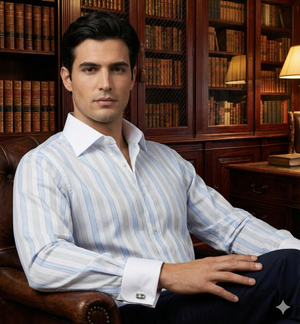 Morrison- Azure Blue & Beige Stripe- White Collar