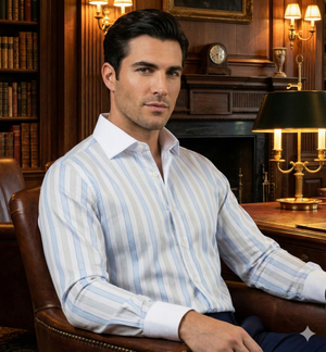 Morrison- Azure Blue & Beige Stripe- White Collar