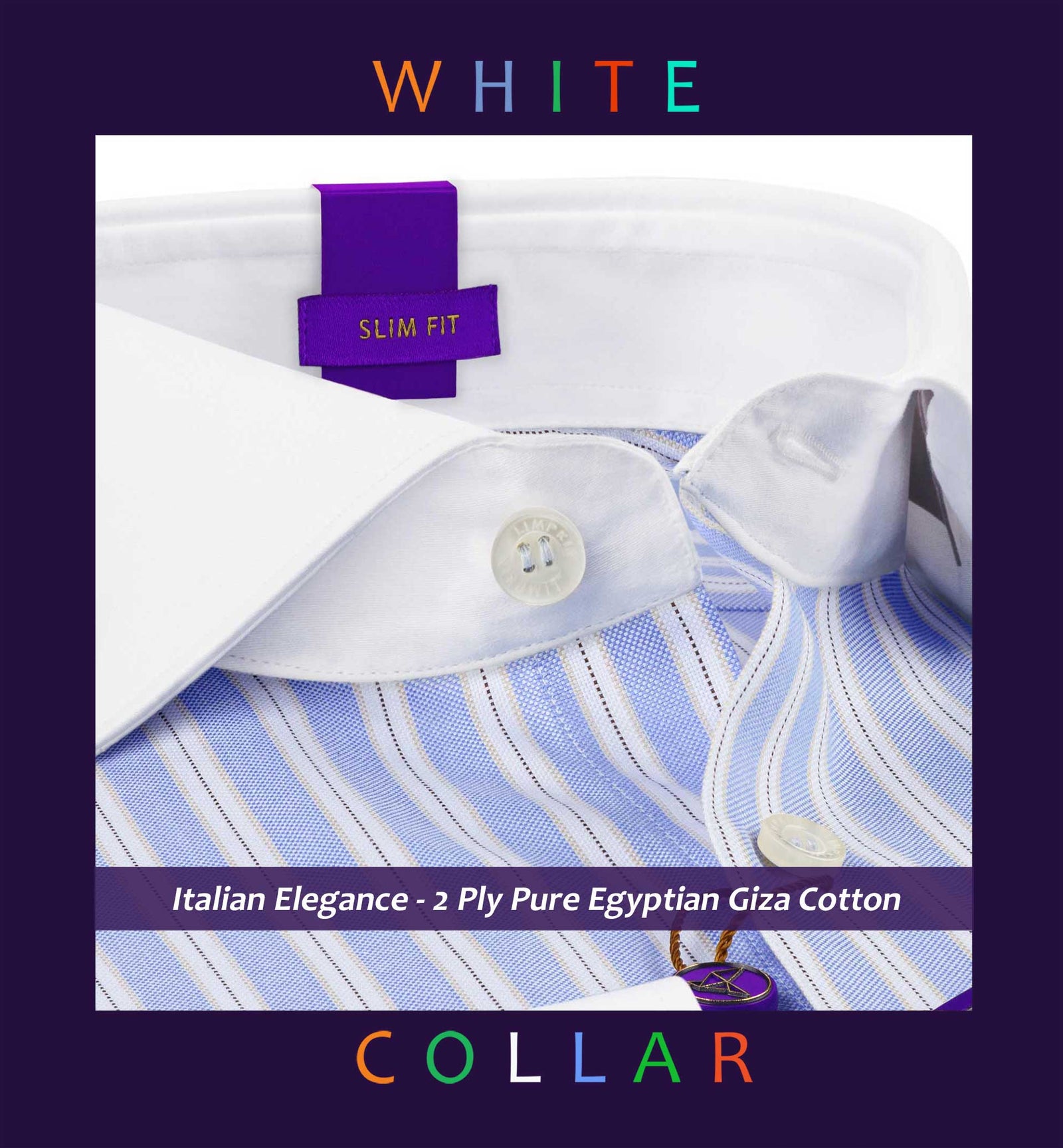 Coronado- Azure Blue & Navy Stripe- White Collar
