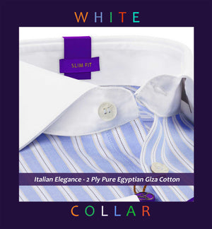 Coronado- Azure Blue & Navy Stripe- White Collar