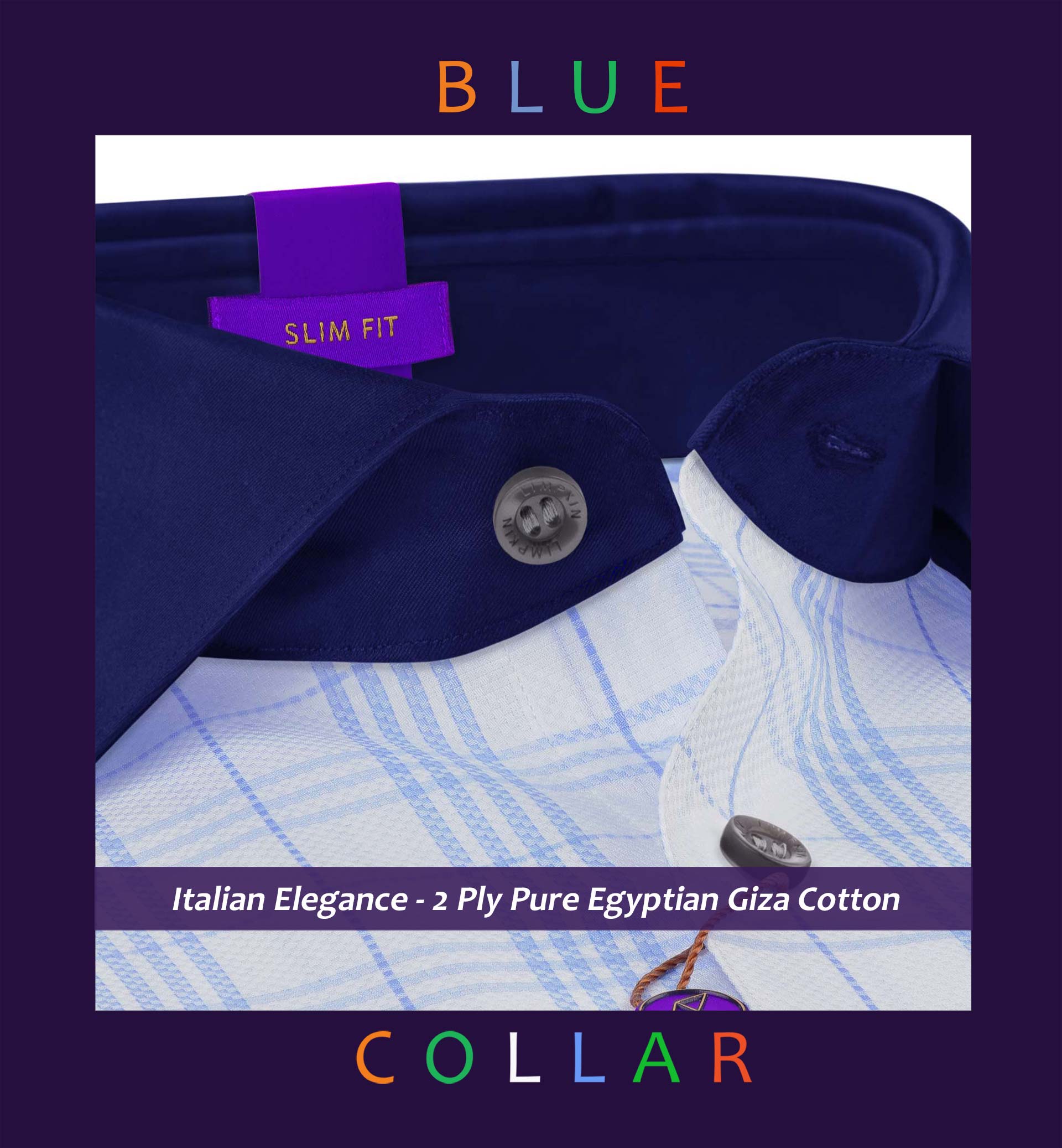 Orlando- Azure Blue & White Check- Navy Collar