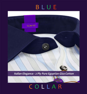 Austin- Azure Blue & Beige Stripe- Navy Collar