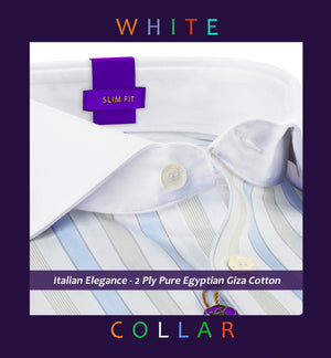 Morrison- Azure Blue & Beige Stripe- White Collar