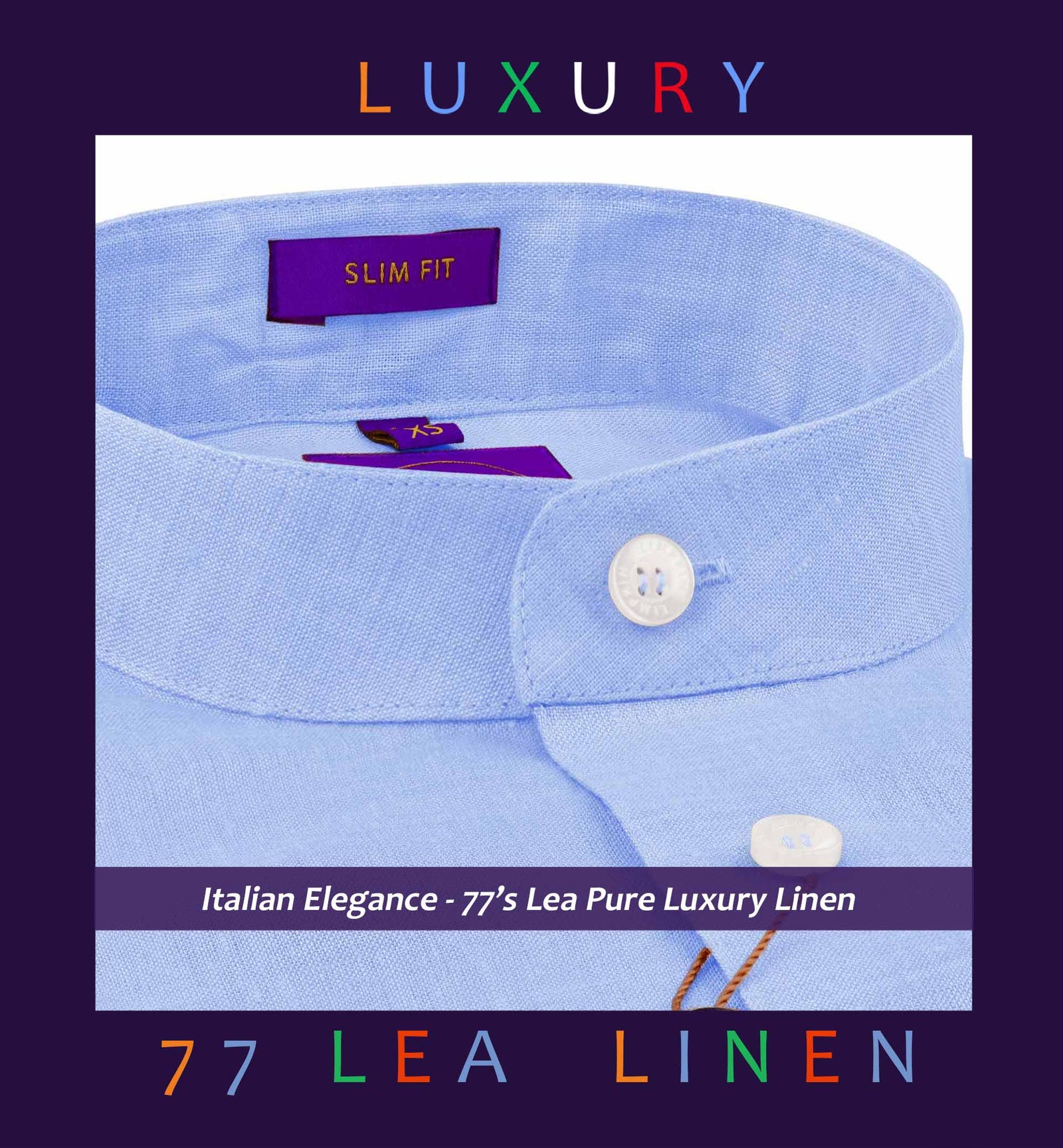 Amalfi- Azure Blue Linen- Mandarin Collar- 77's Lea Pure Luxury Linen