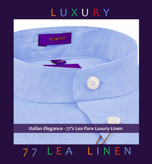 Amalfi- Azure Blue Linen- Mandarin Collar- 77's Lea Pure Luxury Linen