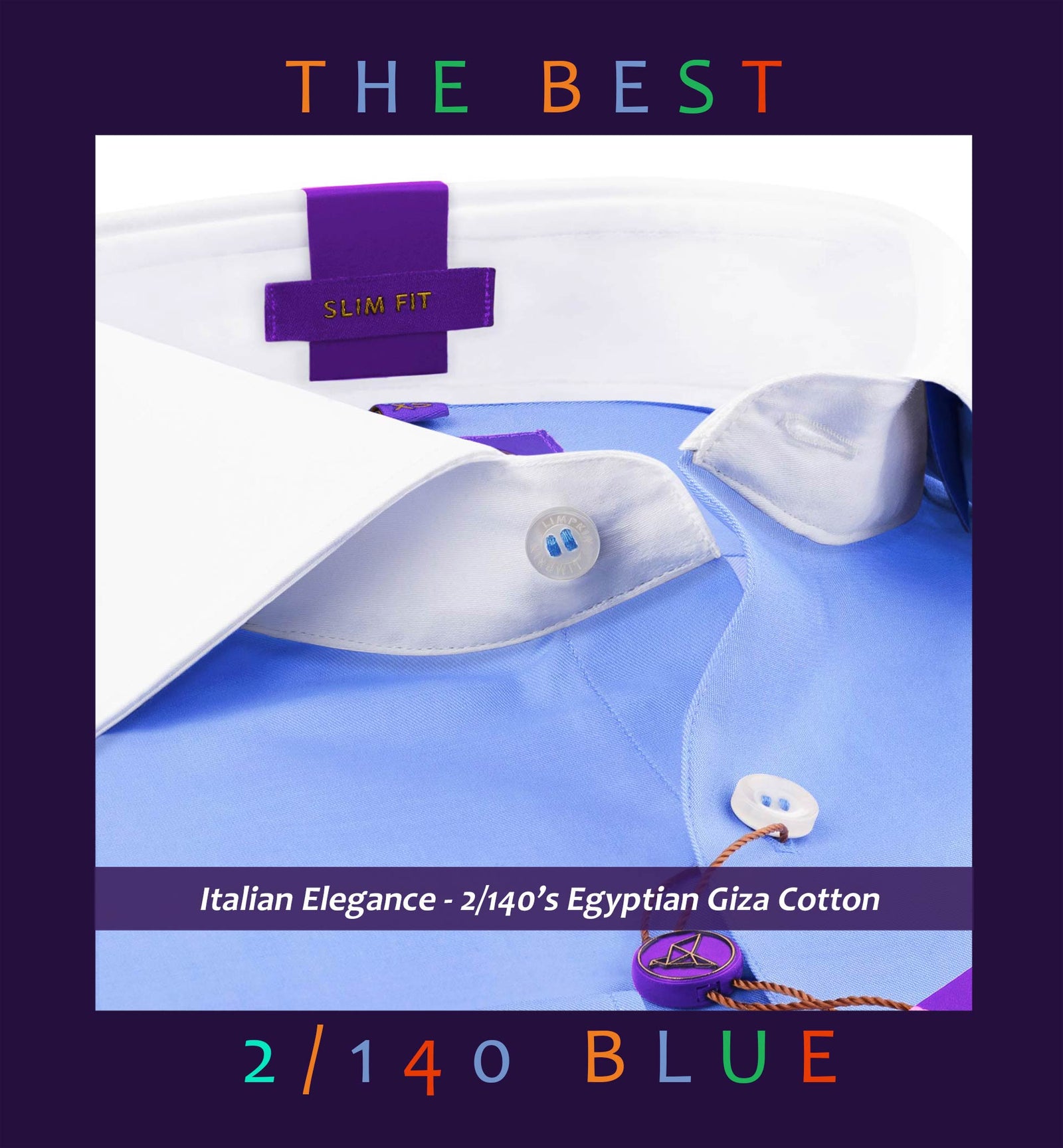 Wembley- The Best Azure Blue- White Collar- 2/140 Egyptian Giza Cotton