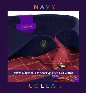 Huesca- Burgundy & Beige Check- Navy Collar