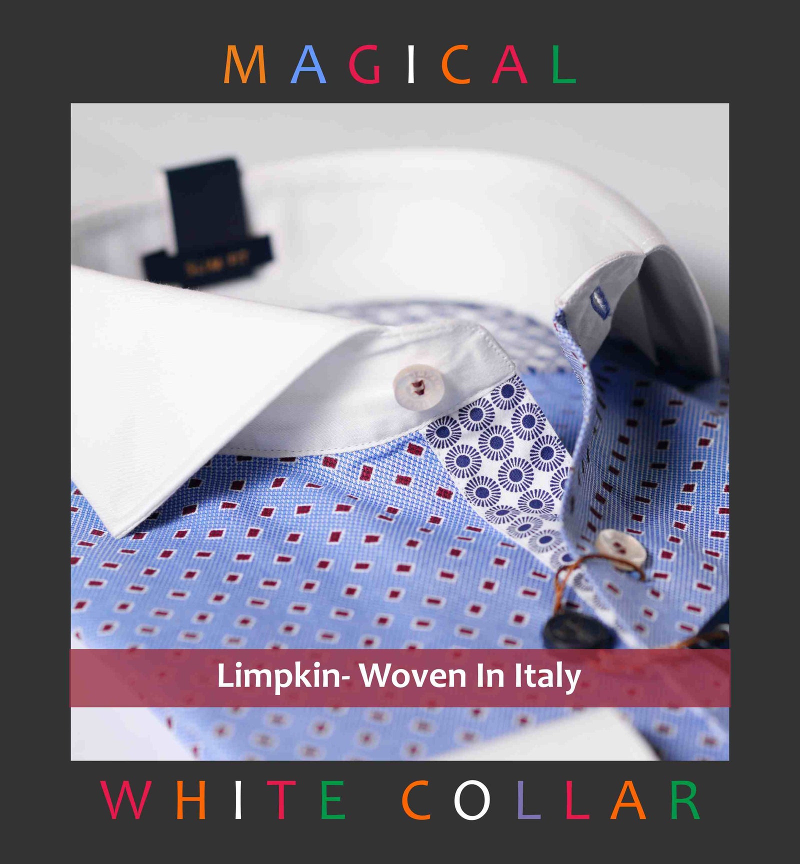 Florence- Azure Blue & Burgundy Print- White Collar