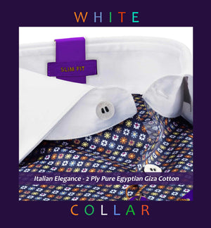 Sorrento- Navy Blue & Orange Print- White Collar
