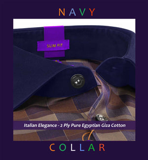 Glasgow- Navy & Caramel Brown Check- Navy Collar