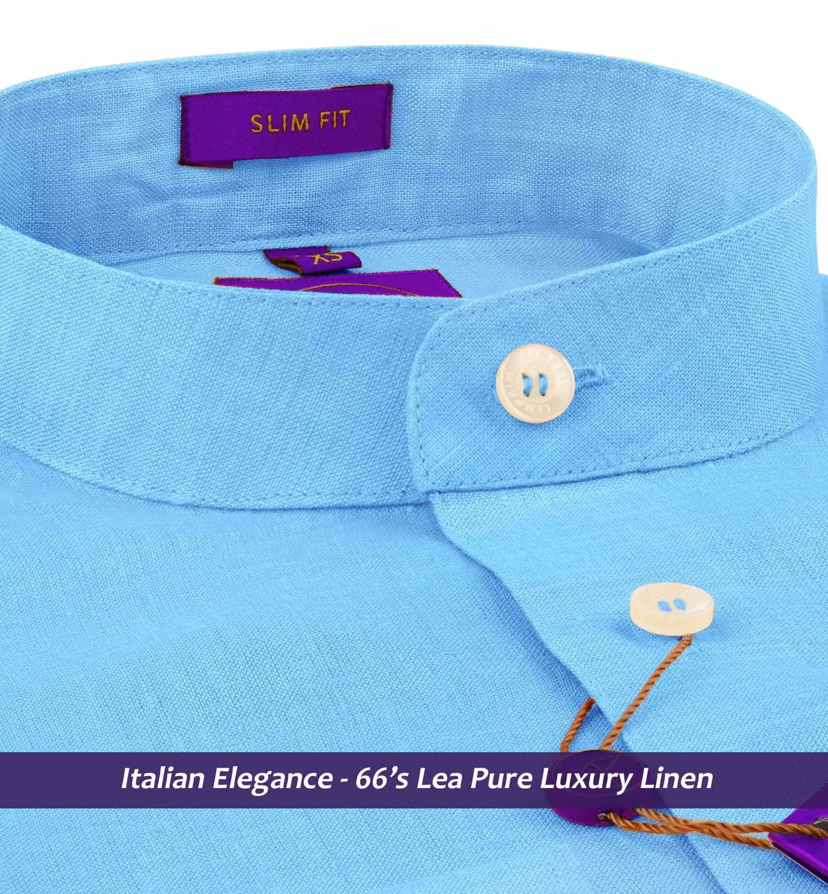 Rimini- Cerulean Blue Solid Linen- Mandarin Collar