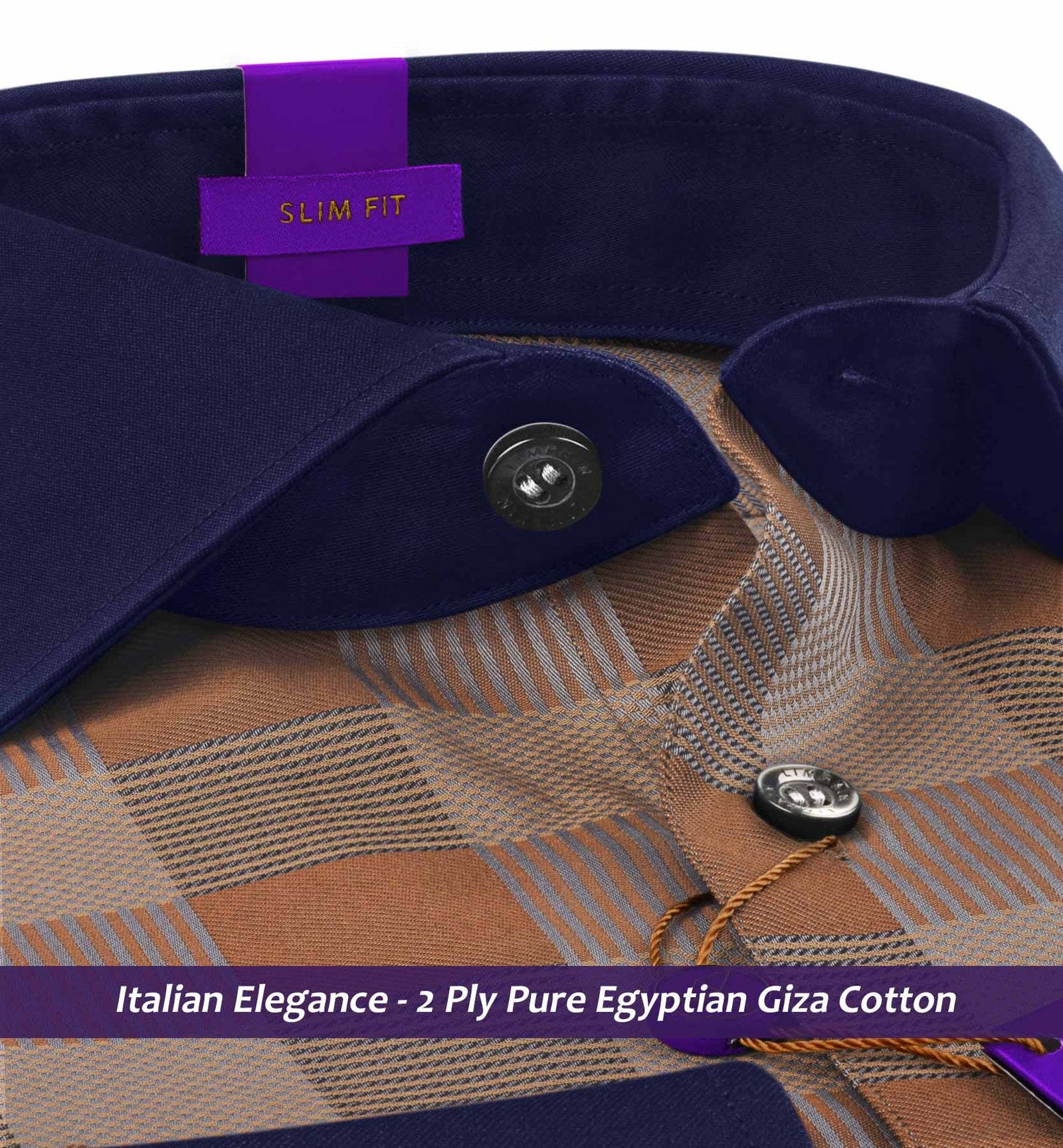 Rochelle- Caramel Brown & Navy Check- Navy Collar