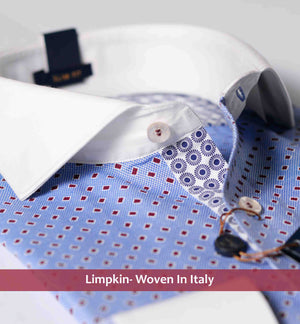 Florence- Azure Blue & Burgundy Print- White Collar