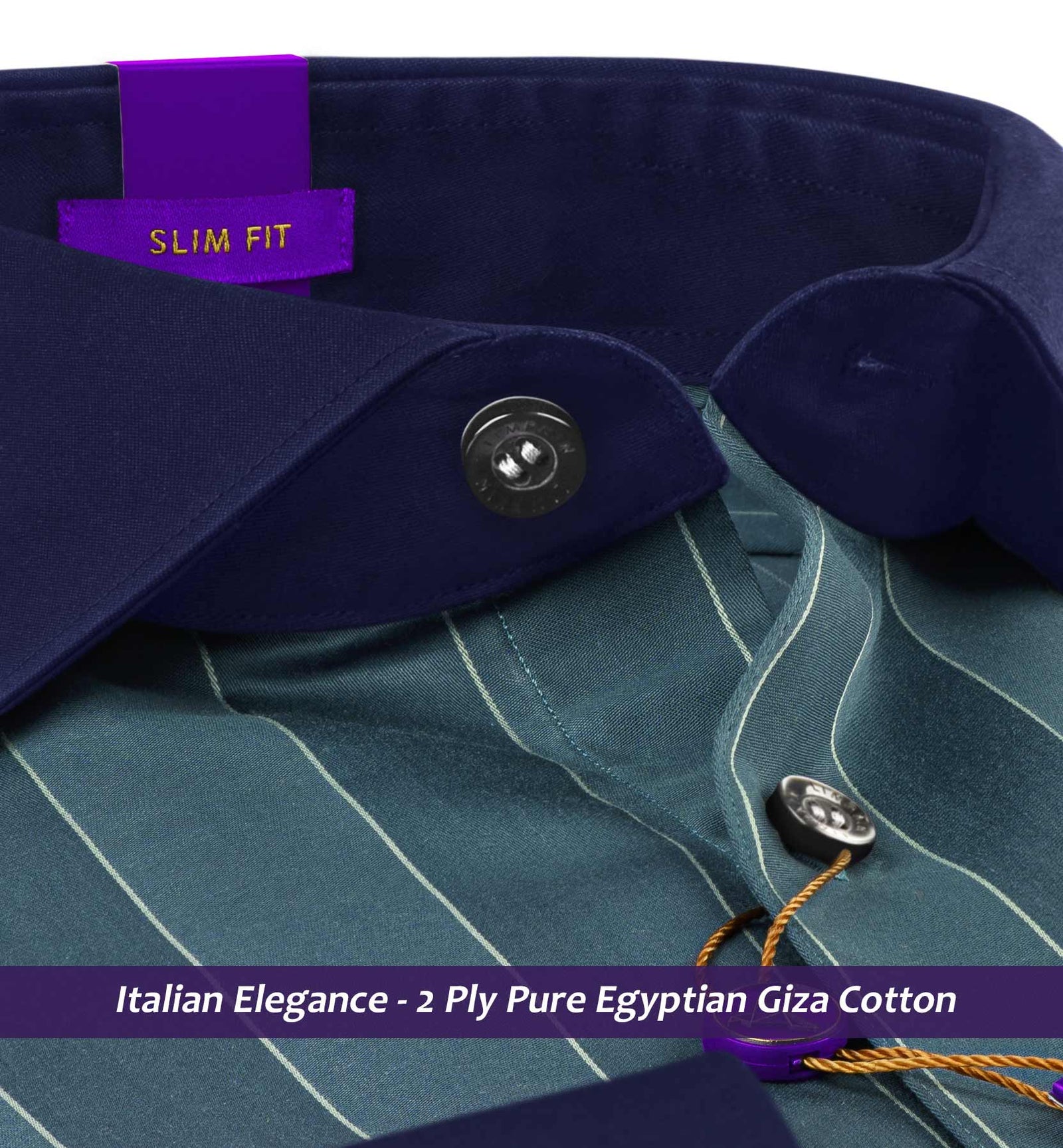 Postiano- Pewter Grey & Beige Stripe- Navy Collar