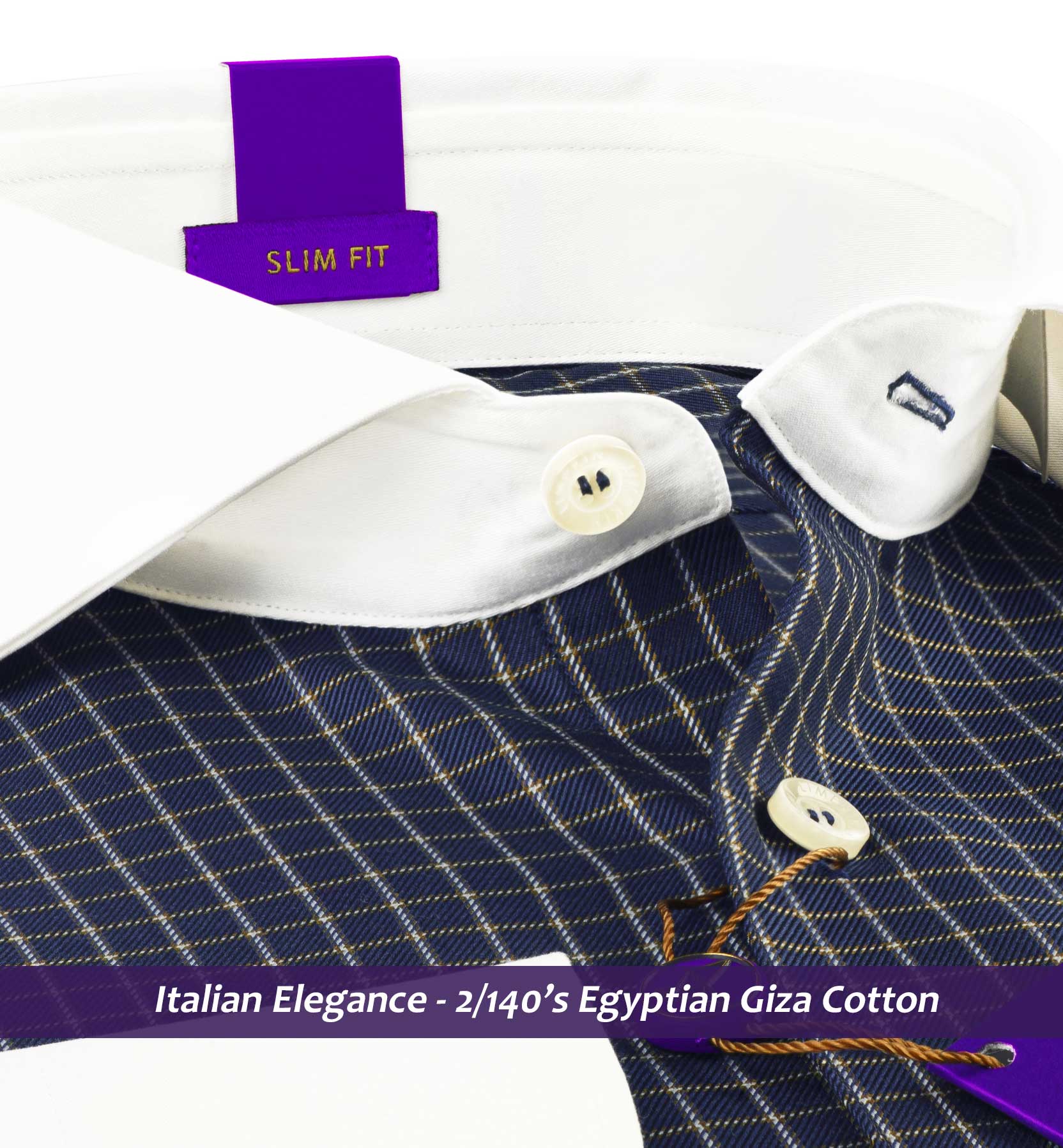 Porus- Navy & White Check- White Collar- 2/140 Egyptian Giza Cotton
