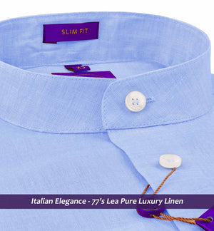 Amalfi- Azure Blue Linen- Mandarin Collar- 77's Lea Pure Luxury Linen