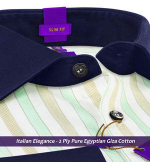 Tuscany- Mint Green & Beige Stripe- Navy Collar