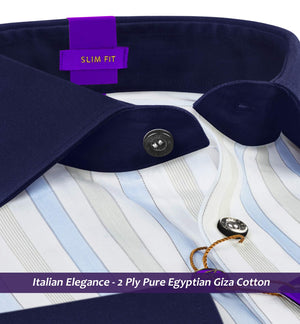 Austin- Azure Blue & Beige Stripe- Navy Collar