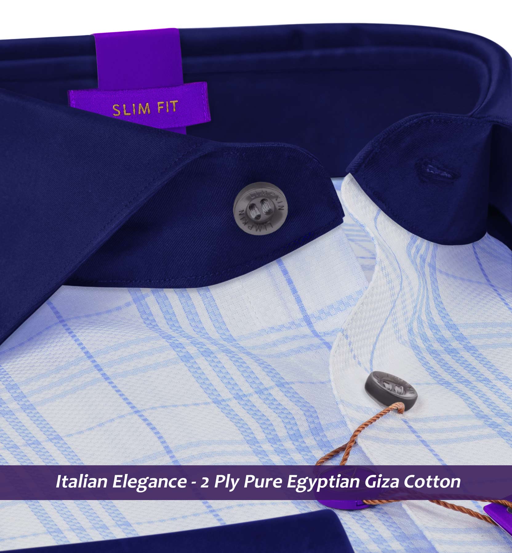 Orlando- Azure Blue & White Check- Navy Collar