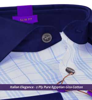 Orlando- Azure Blue & White Check- Navy Collar