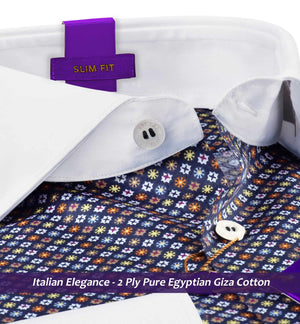 Sorrento- Navy Blue & Orange Print- White Collar