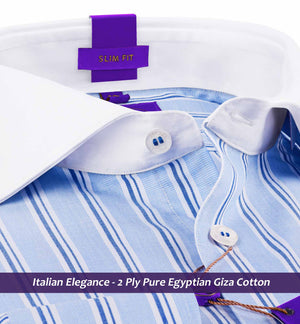 Elmira- Azure Blue & White Stripe- White Collar