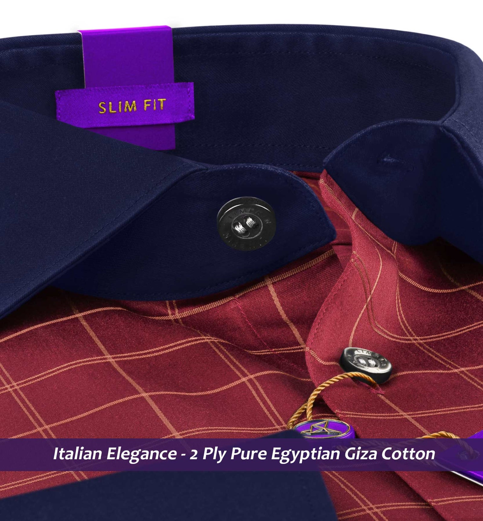 Huesca- Burgundy & Beige Check- Navy Collar