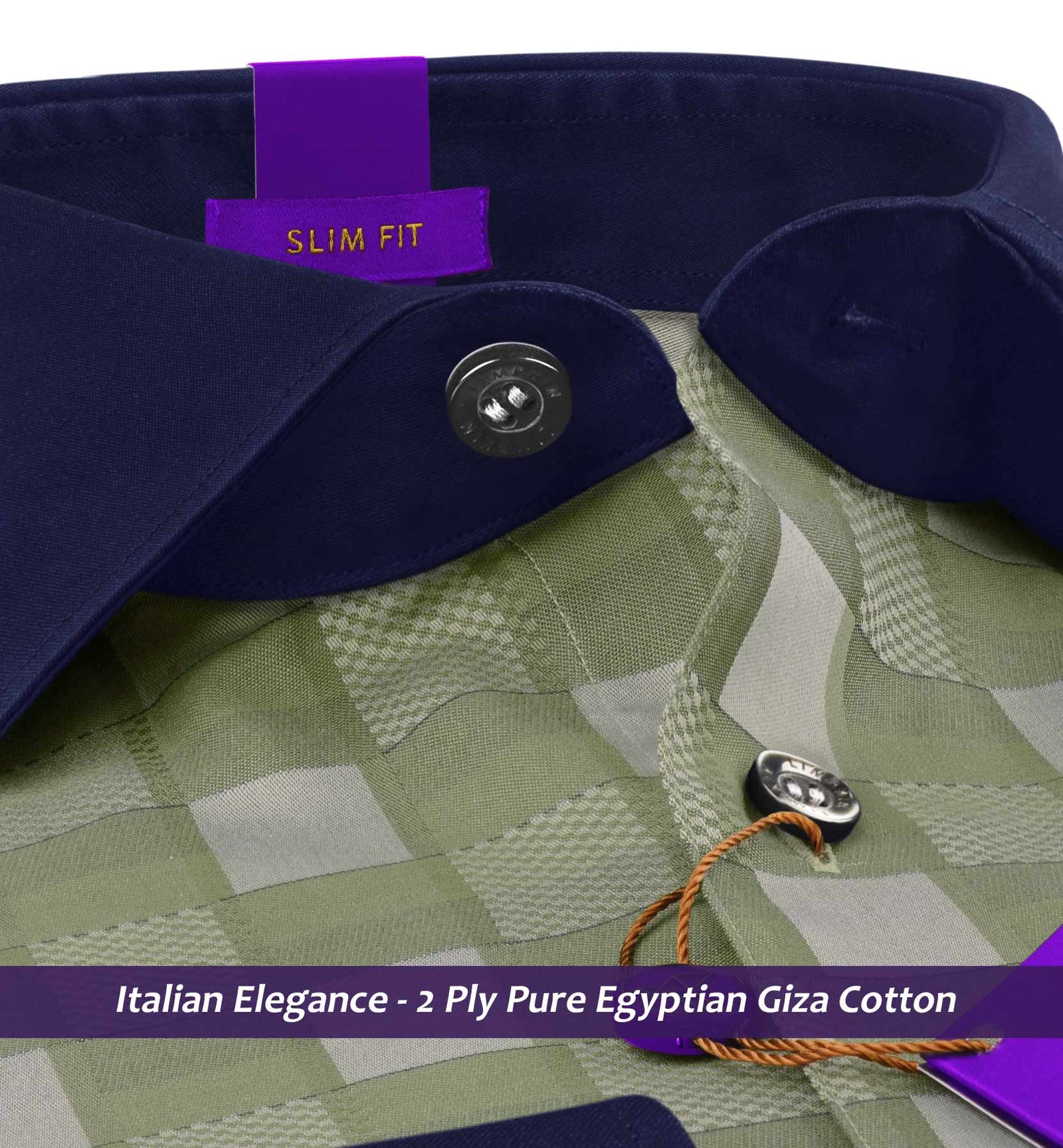Athens- Moss Green & Beige Check- Navy Collar