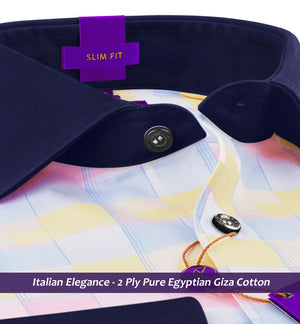 Portugal- Daffodil Yellow & Pink Check- Navy Collar