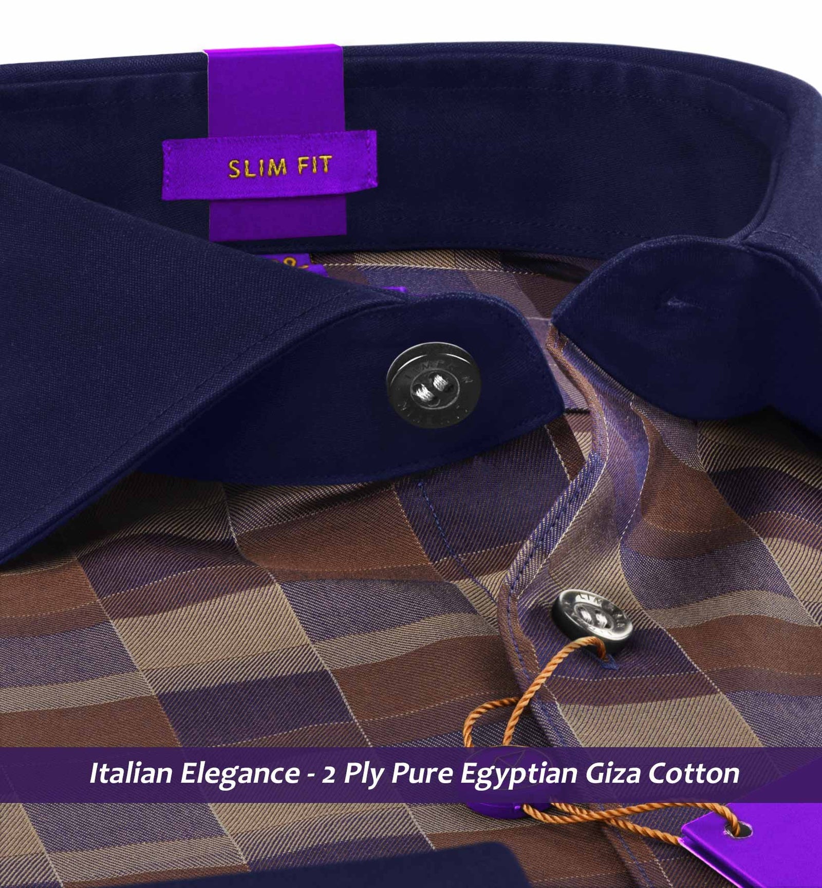 Glasgow- Navy & Caramel Brown Check- Navy Collar