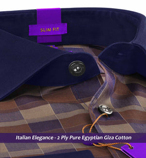 Glasgow- Navy & Caramel Brown Check- Navy Collar