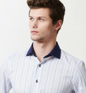 Austin- Azure Blue & Beige Stripe- Navy Collar