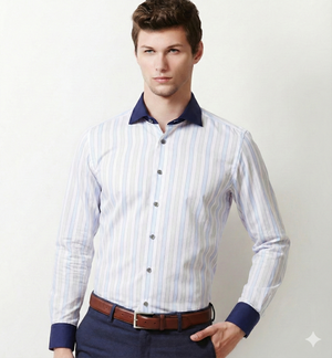 Austin- Azure Blue & Beige Stripe- Navy Collar