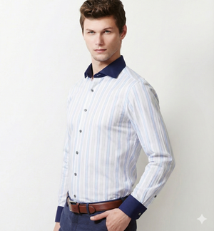 Austin- Azure Blue & Beige Stripe- Navy Collar