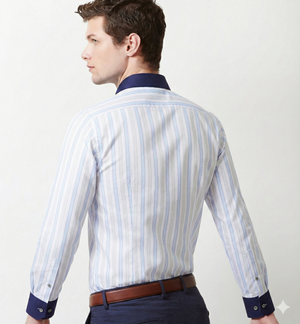 Austin- Azure Blue & Beige Stripe- Navy Collar