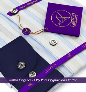 Austin- Azure Blue & Beige Stripe- Navy Collar