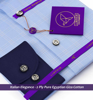 Navona- Azure Blue & Navy Check- Navy Collar