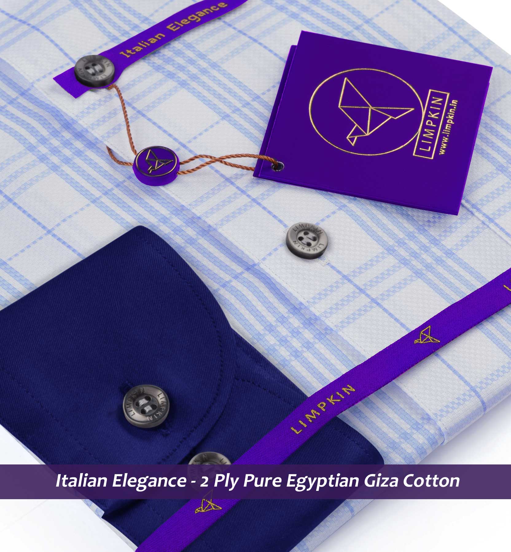 Orlando- Azure Blue & White Check- Navy Collar