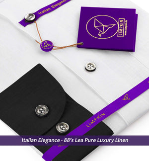 Cyprus- Pristine Pure White Linen- Black Mandarin Collar