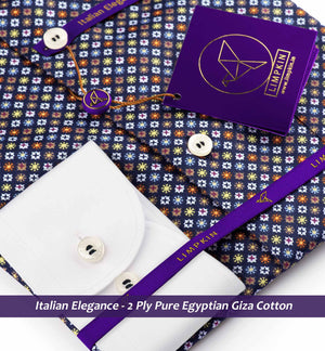 Sorrento- Navy Blue & Orange Print- White Collar