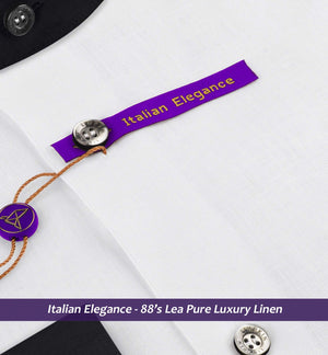 Cyprus- Pristine Pure White Linen- Black Mandarin Collar