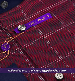 Lancaster- Burgundy & White Check- Navy Collar