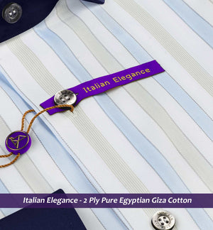 Austin- Azure Blue & Beige Stripe- Navy Collar