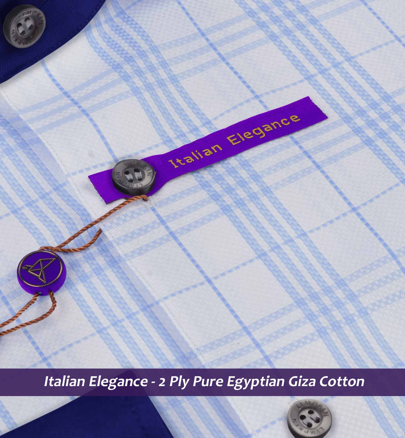 Orlando- Azure Blue & White Check- Navy Collar