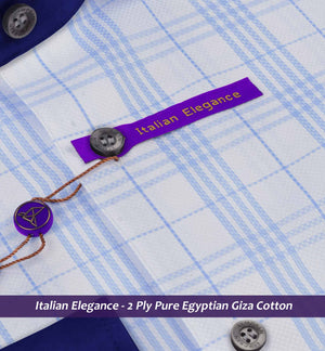 Orlando- Azure Blue & White Check- Navy Collar