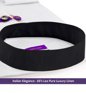Cyprus- Pristine Pure White Linen- Black Mandarin Collar
