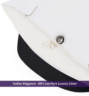 Cyprus- Pristine Pure White Linen- Black Mandarin Collar