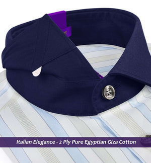 Austin- Azure Blue & Beige Stripe- Navy Collar