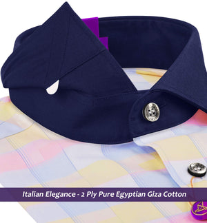 Portugal- Daffodil Yellow & Pink Check- Navy Collar